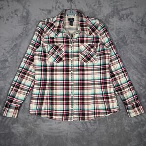 Lucky Brand Dungarees Pearl Snap Western Plaid Flannel Women’s Large